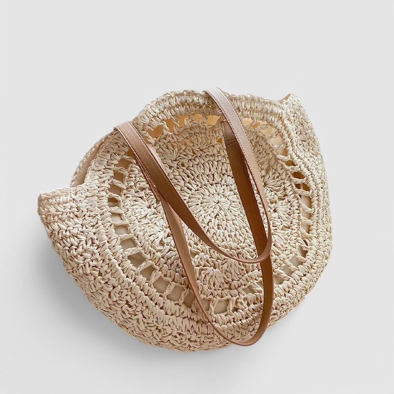 Sienna – Round Straw Tote Bag with Woven Spiral Design and Faux Leather Handles