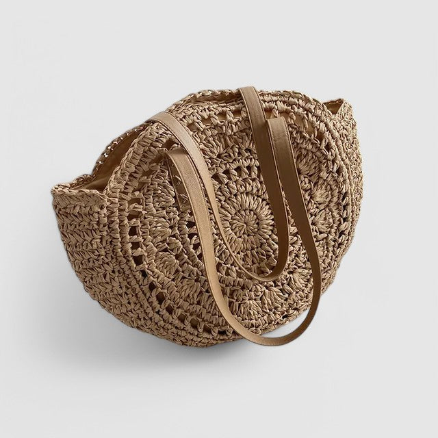 Sienna – Round Straw Tote Bag with Woven Spiral Design and Faux Leather Handles