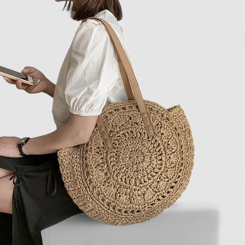 Sienna – Round Straw Tote Bag with Woven Spiral Design and Faux Leather Handles