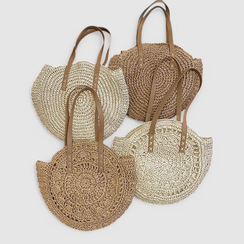 Sienna – Round Straw Tote Bag with Woven Spiral Design and Faux Leather Handles