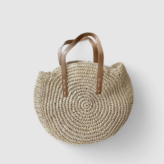 Sienna – Round Straw Tote Bag with Woven Spiral Design and Faux Leather Handles
