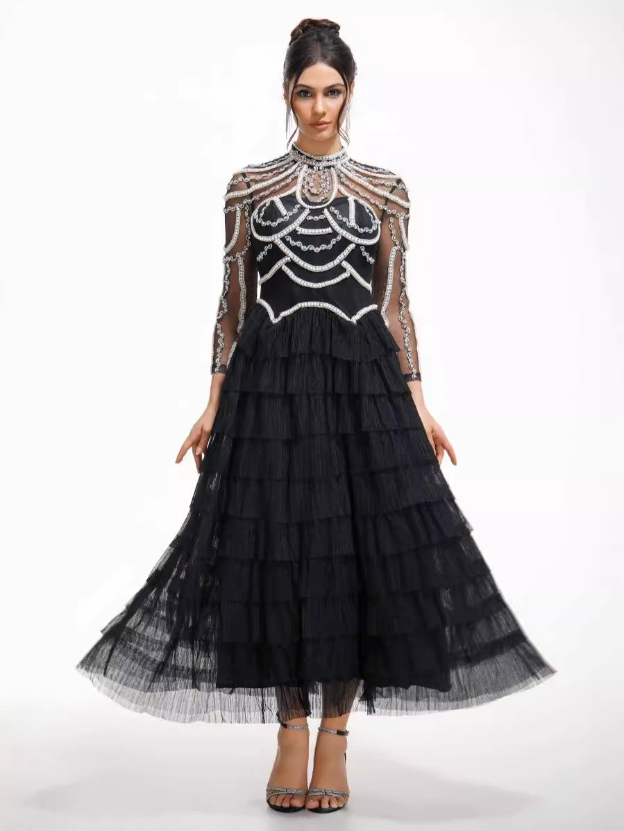 Stunning Women's Midi Dress Beaded Long Sleeve | Formal