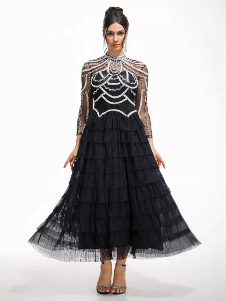 Stunning Women's Midi Dress Beaded Long Sleeve | Formal