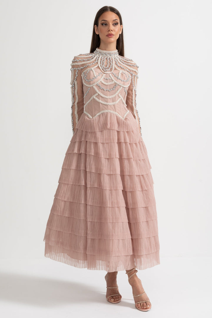 Stunning Women's Midi Dress Beaded Long Sleeve | Formal