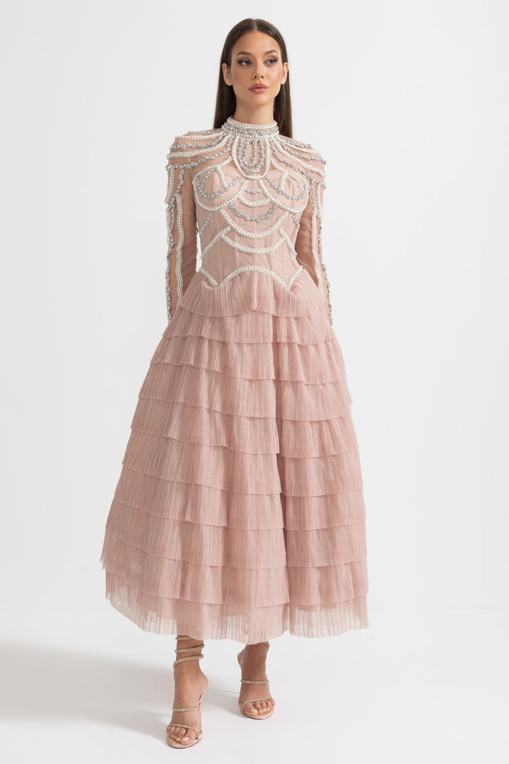 Stunning Women's Midi Dress Beaded Long Sleeve | Formal