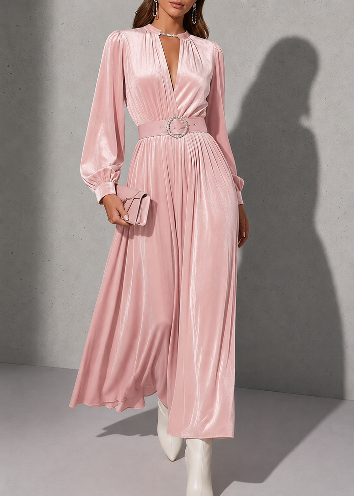 Women's Long Sleeve Dress with Keyhole Neck & Belt | Maxi Formal