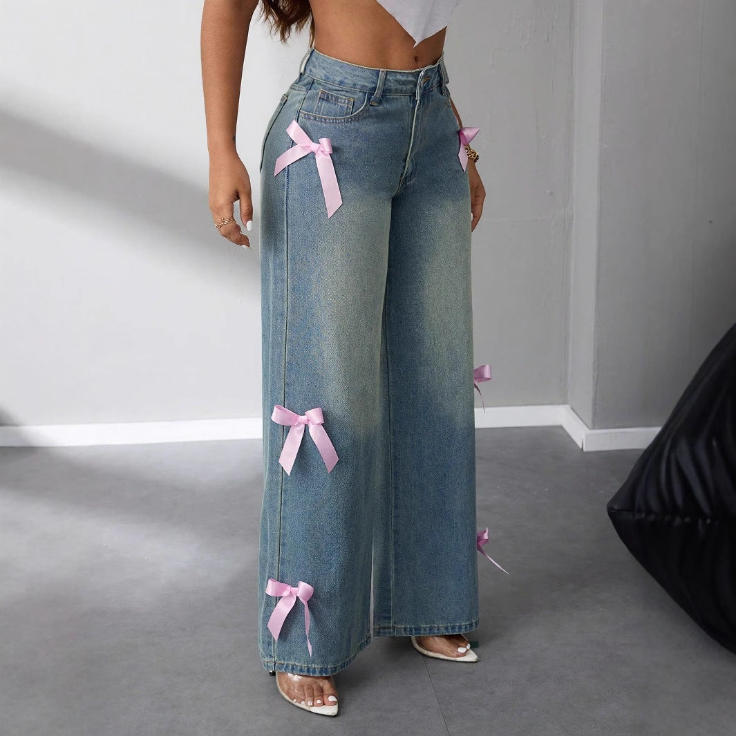 Women's Baggy Wide Leg Jeans with Bow Ribbon | High Rise