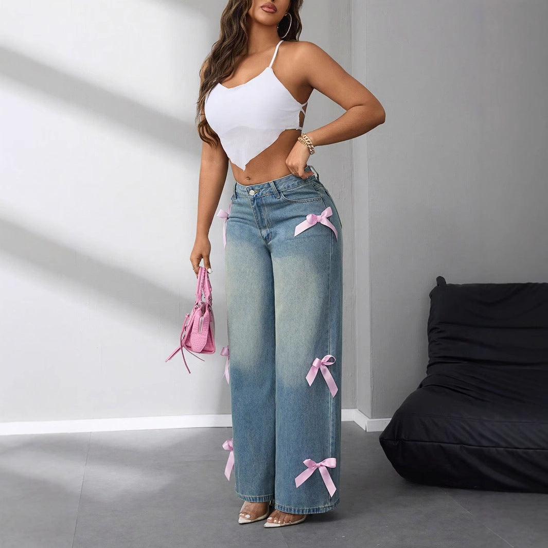 Women's Baggy Wide Leg Jeans with Bow Ribbon | High Rise