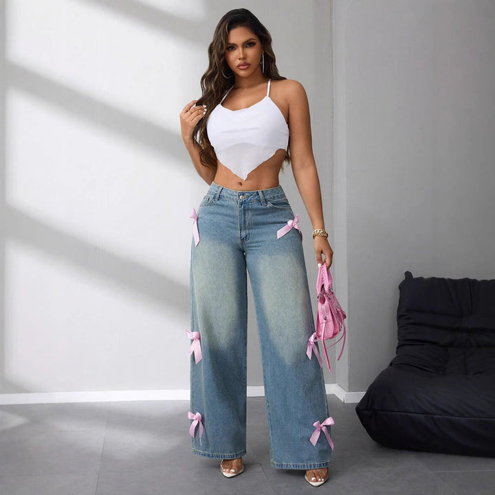 Women's Baggy Wide Leg Jeans with Bow Ribbon | High Rise