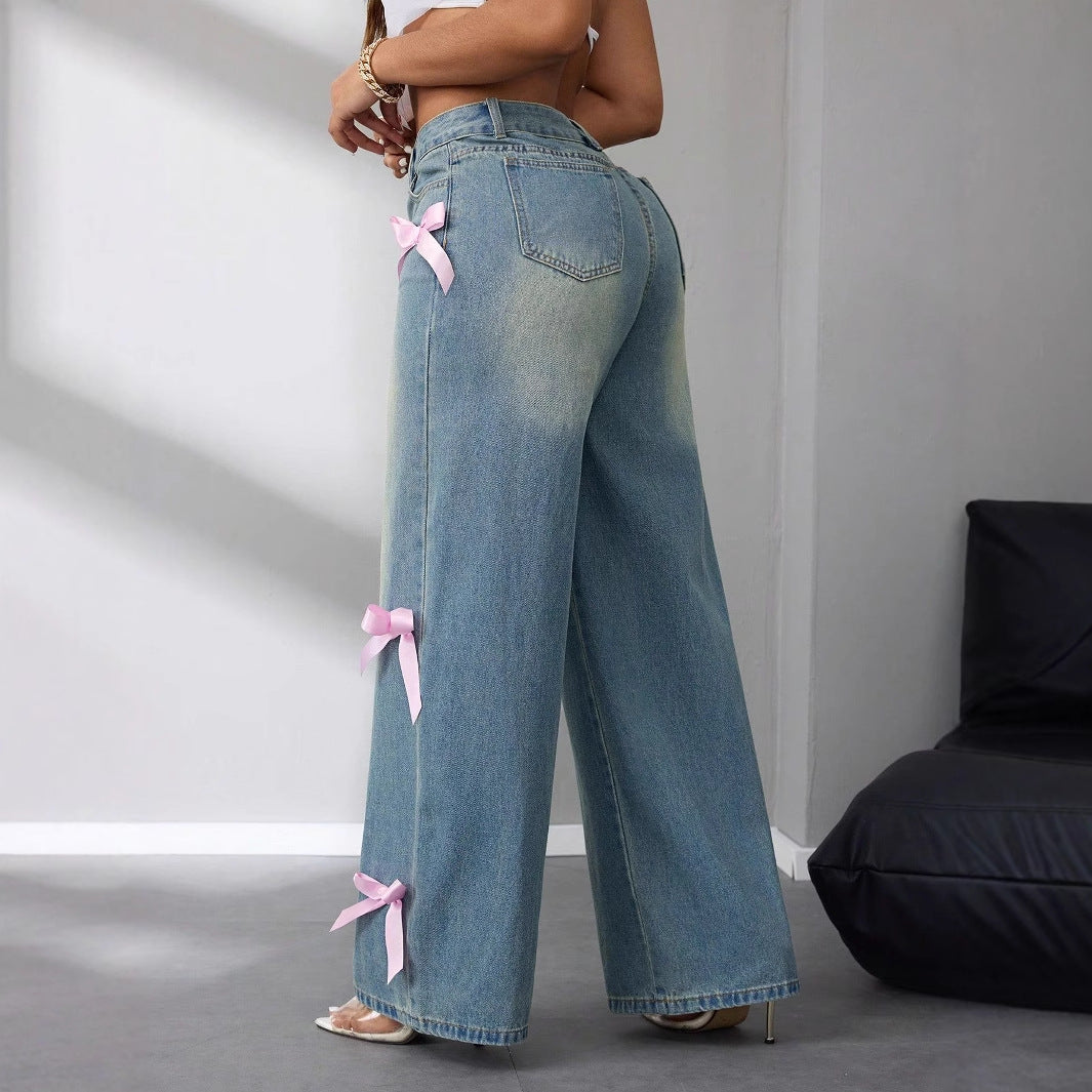 Women's Baggy Wide Leg Jeans with Bow Ribbon | High Rise