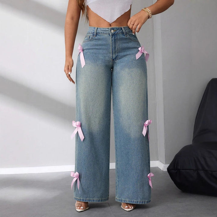 Women's Baggy Wide Leg Jeans with Bow Ribbon | High Rise