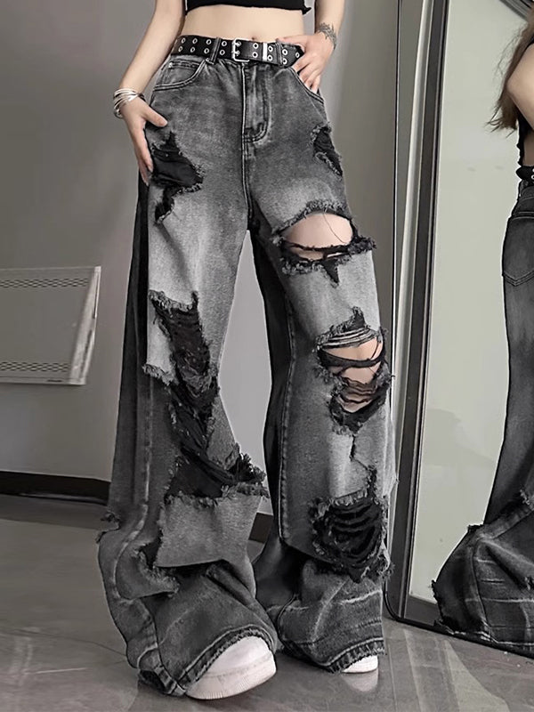 Women's Baggy Wide Leg Jeans with Distressed Rips | High Rise