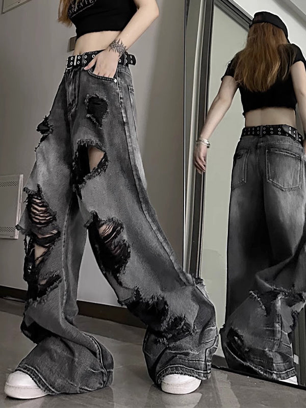 Women's Baggy Wide Leg Jeans with Distressed Rips | High Rise