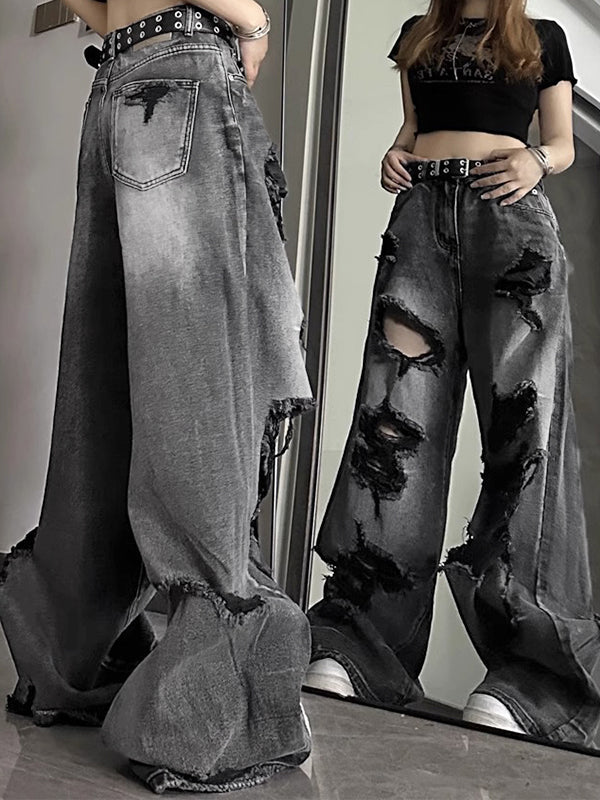 Women's Baggy Wide Leg Jeans with Distressed Rips | High Rise
