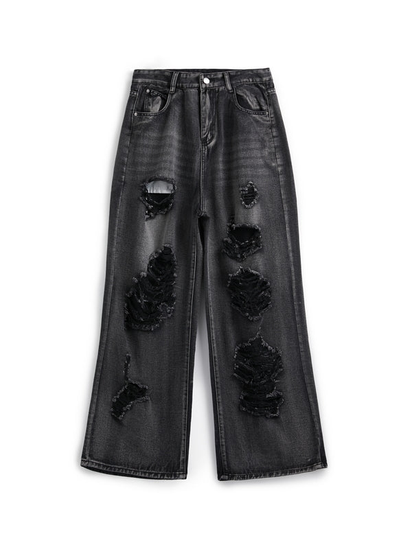 Women's Baggy Wide Leg Jeans with Distressed Rips | High Rise