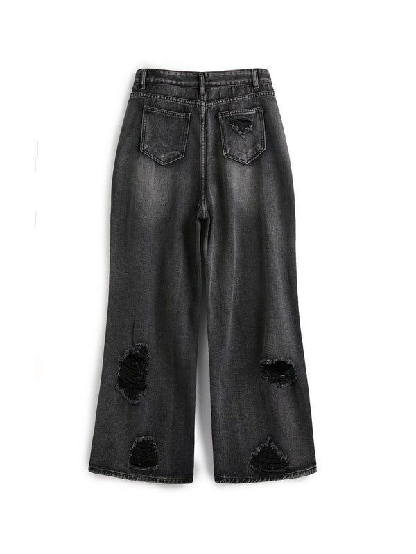 Women's Baggy Wide Leg Jeans with Distressed Rips | High Rise