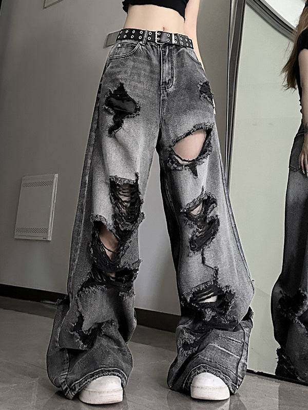 Women's Baggy Wide Leg Jeans with Distressed Rips | High Rise