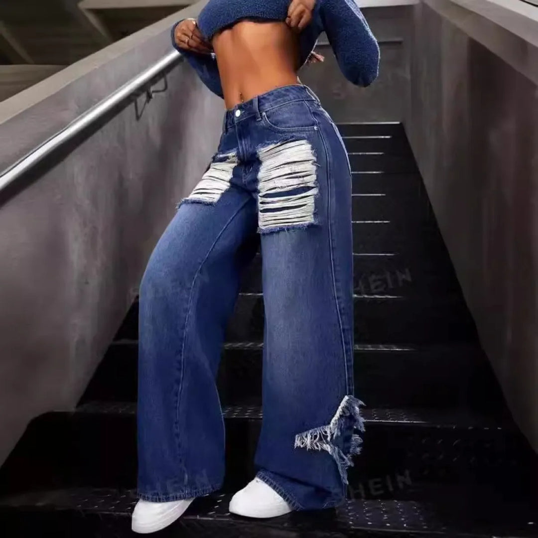 Women's Baggy Wide Leg Jeans with Distressed Rips | High Waisted