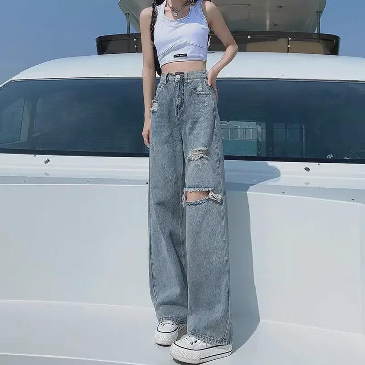 Women's Baggy Wide Leg Jeans with Ripped Knees | High Rise