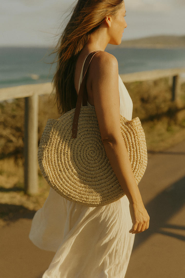 Women's Beach Tote Bag Woven Round Design | Shoulder