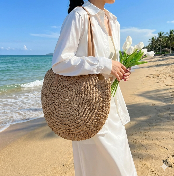 Women's Beach Tote Bag Woven Round Design | Shoulder