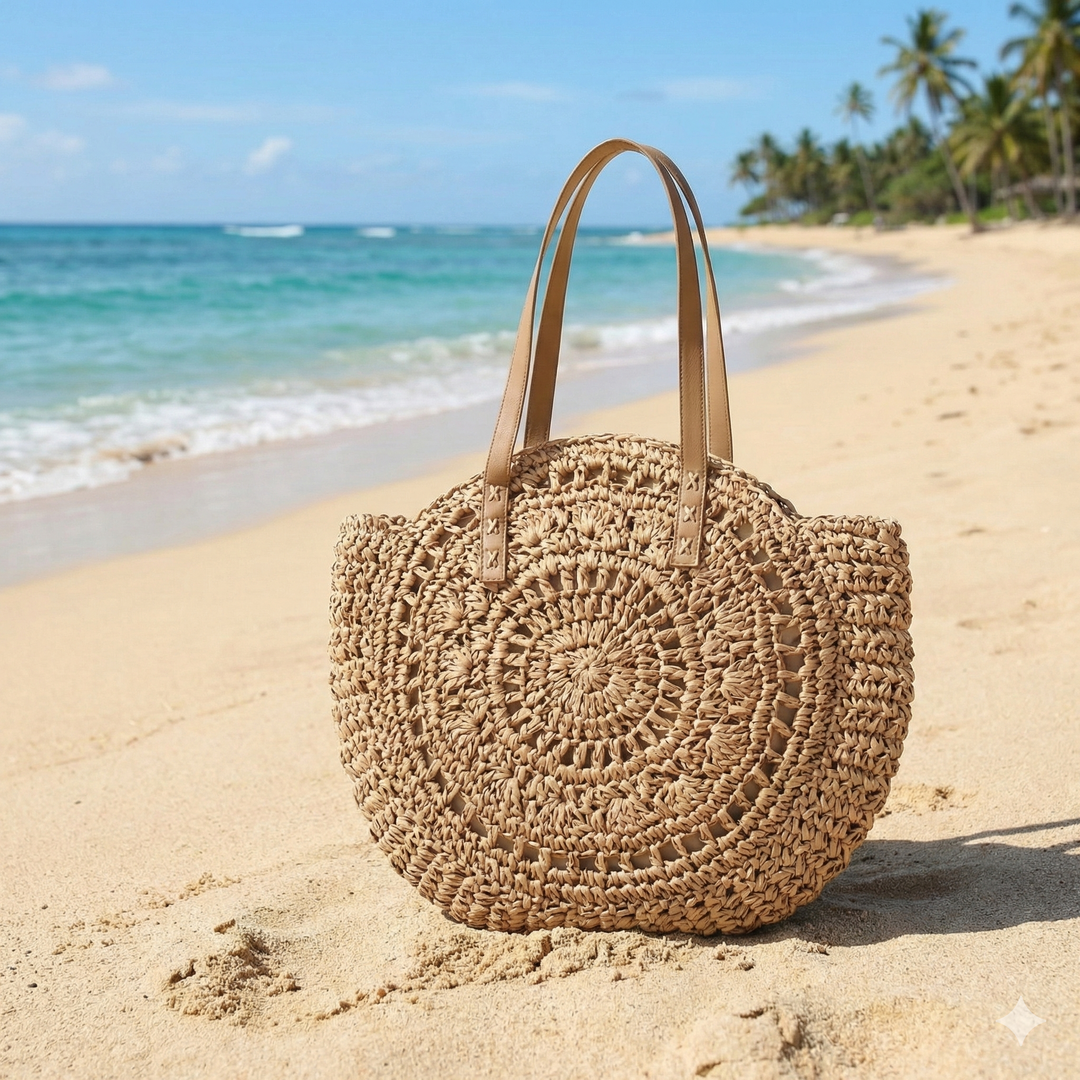 Women's Beach Tote Bag Woven Round Design | Shoulder
