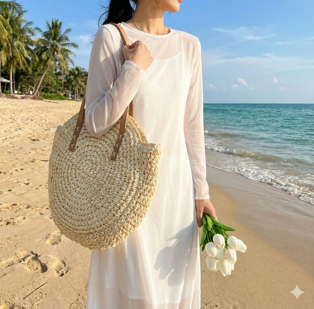Women's Beach Tote Bag Woven Round Design | Shoulder