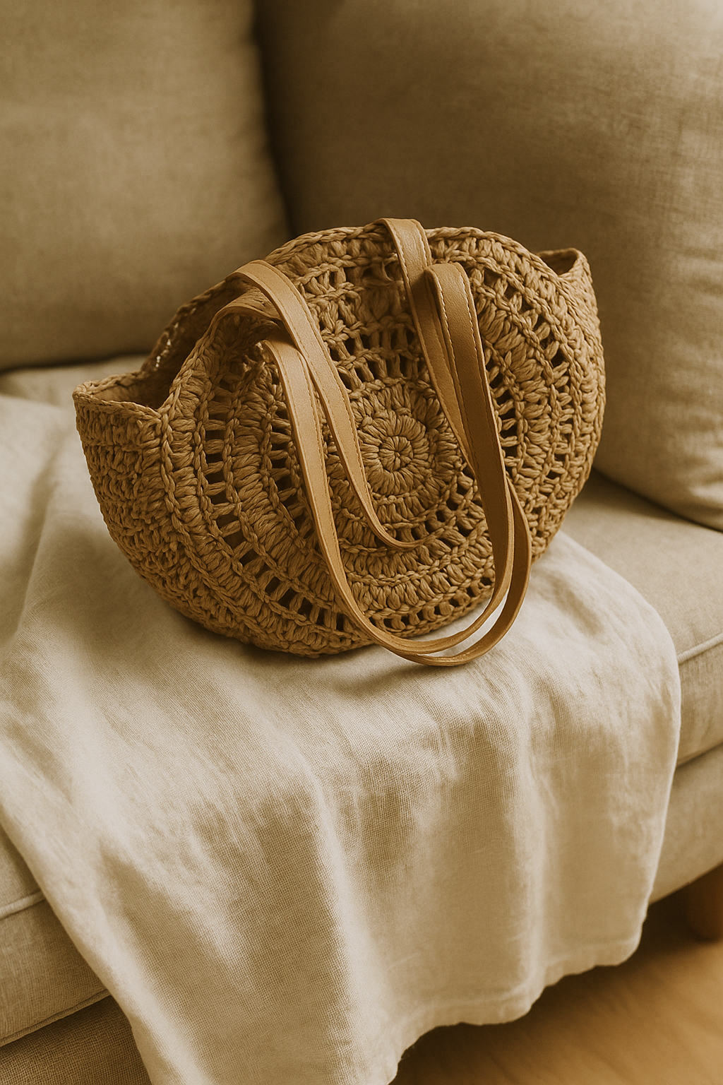 Women's Beach Tote Bag Woven Round Design | Shoulder