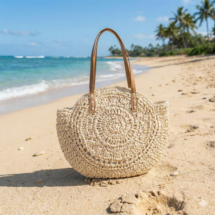 Women's Beach Tote Bag Woven Round Design | Shoulder
