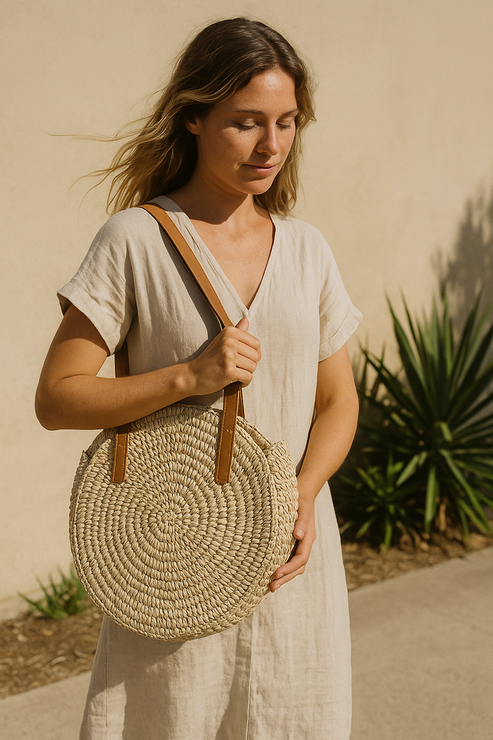 Women's Beach Tote Bag Woven Round Design | Shoulder