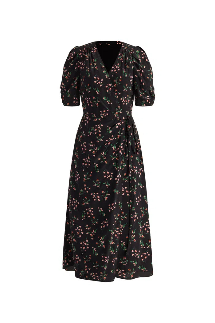 Women's Black Dress Floral Wrap Puff Sleeve | Midi