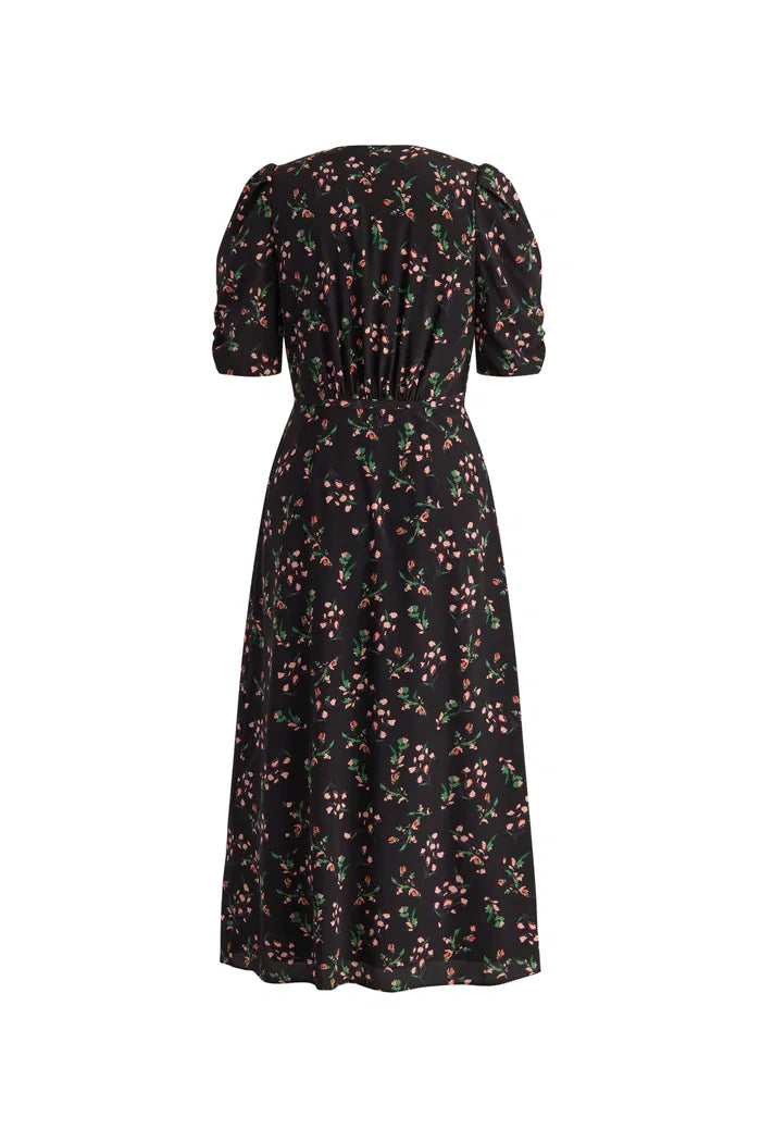 Women's Black Dress Floral Wrap Puff Sleeve | Midi