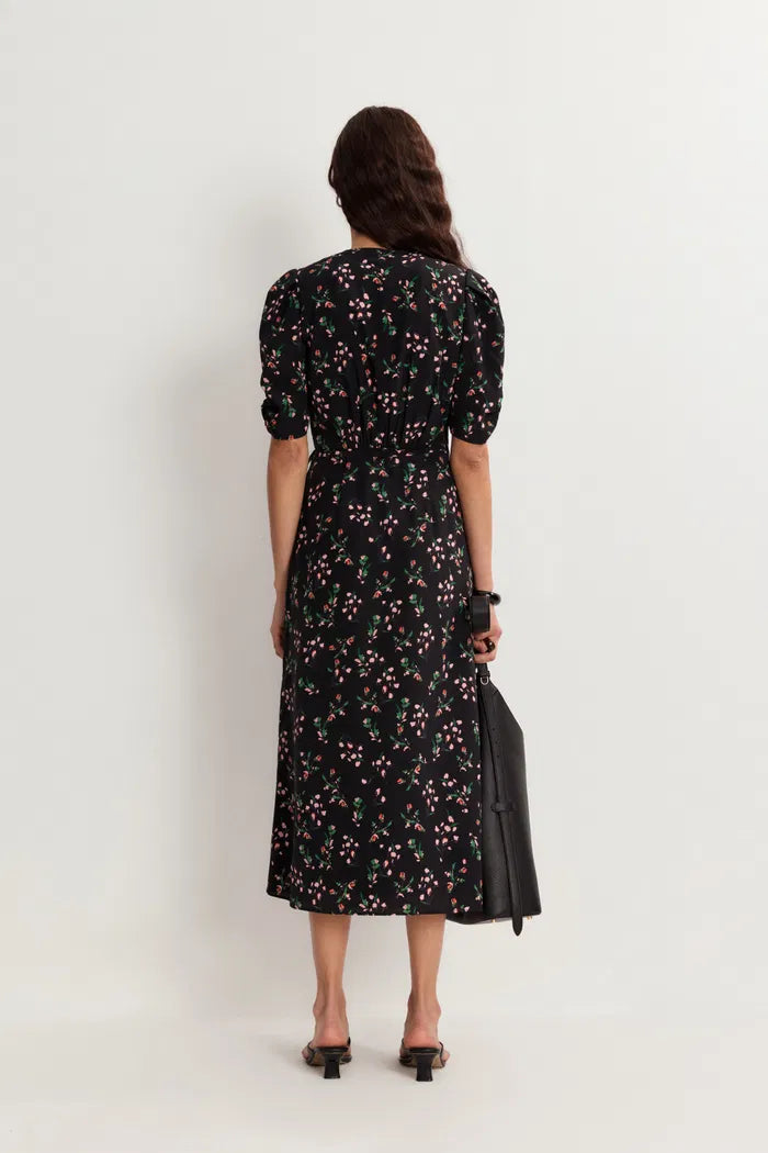 Women's Black Dress Floral Wrap Puff Sleeve | Midi