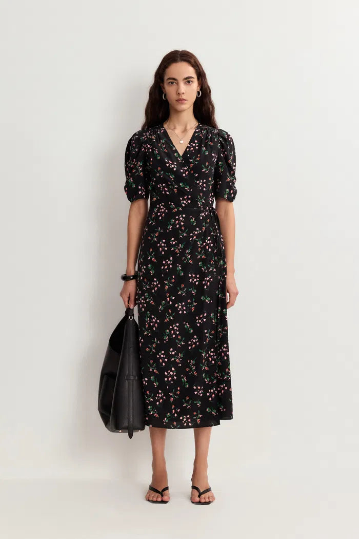 Women's Black Dress Floral Wrap Puff Sleeve | Midi