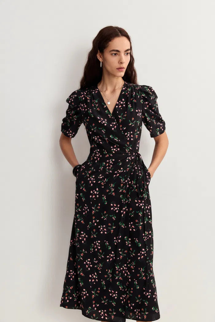 Women's Black Dress Floral Wrap Puff Sleeve | Midi