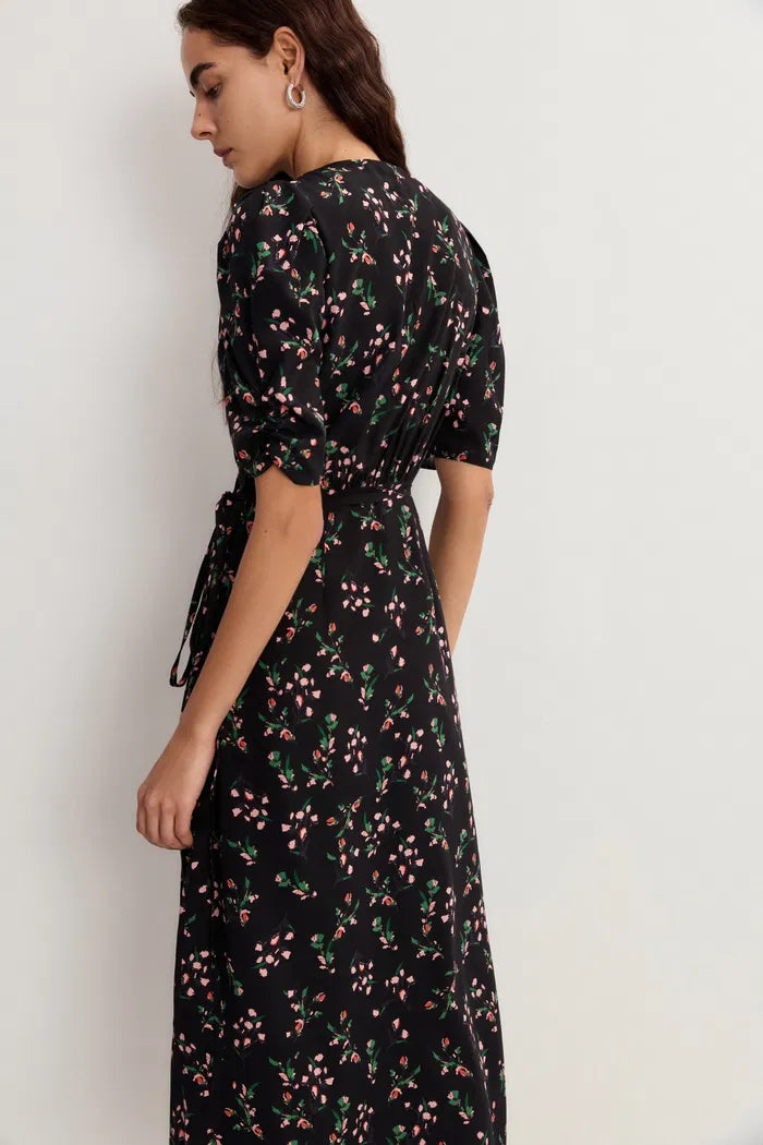 Women's Black Dress Floral Wrap Puff Sleeve | Midi