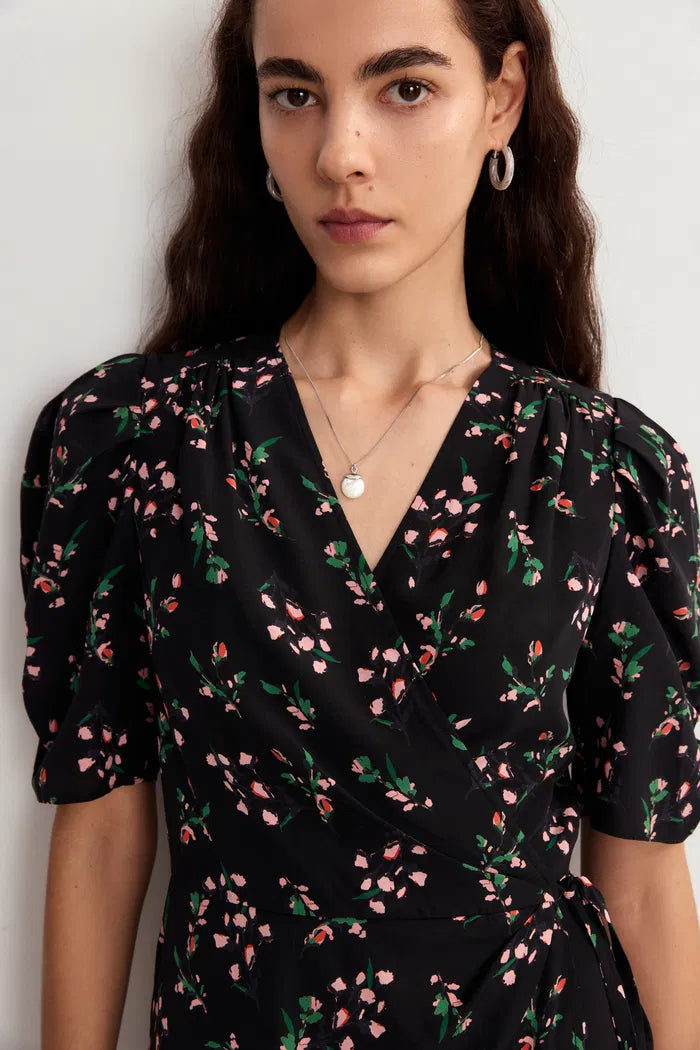 Women's Black Dress Floral Wrap Puff Sleeve | Midi