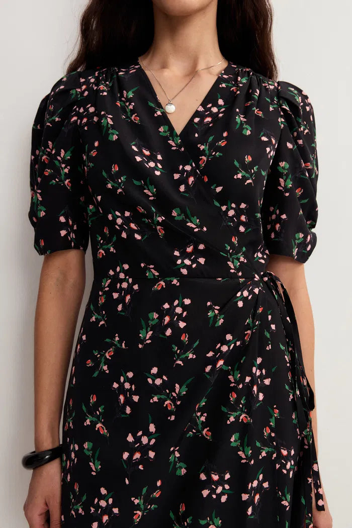 Women's Black Dress Floral Wrap Puff Sleeve | Midi