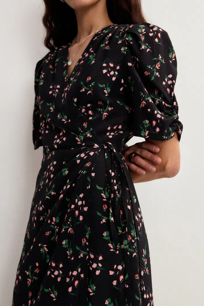 Women's Black Dress Floral Wrap Puff Sleeve | Midi