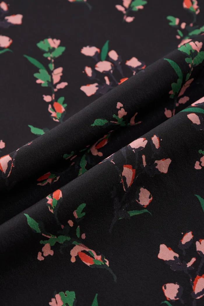 Women's Black Dress Floral Wrap Puff Sleeve | Midi