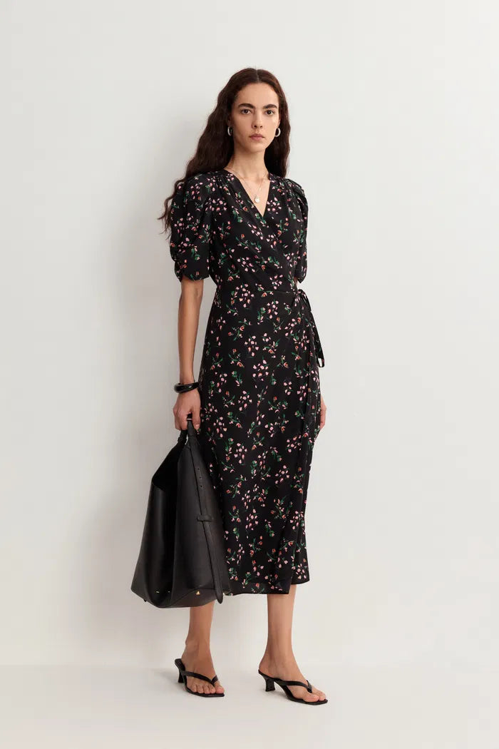 Women's Black Dress Floral Wrap Puff Sleeve | Midi
