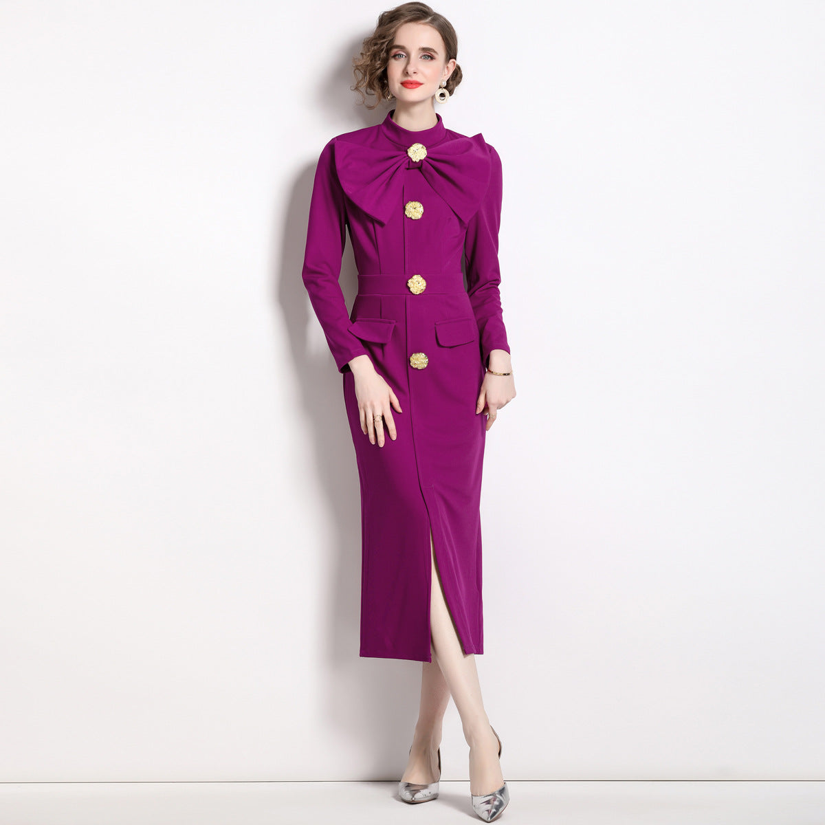 Women's Black Dress Long Sleeve Bow Detail | Formal