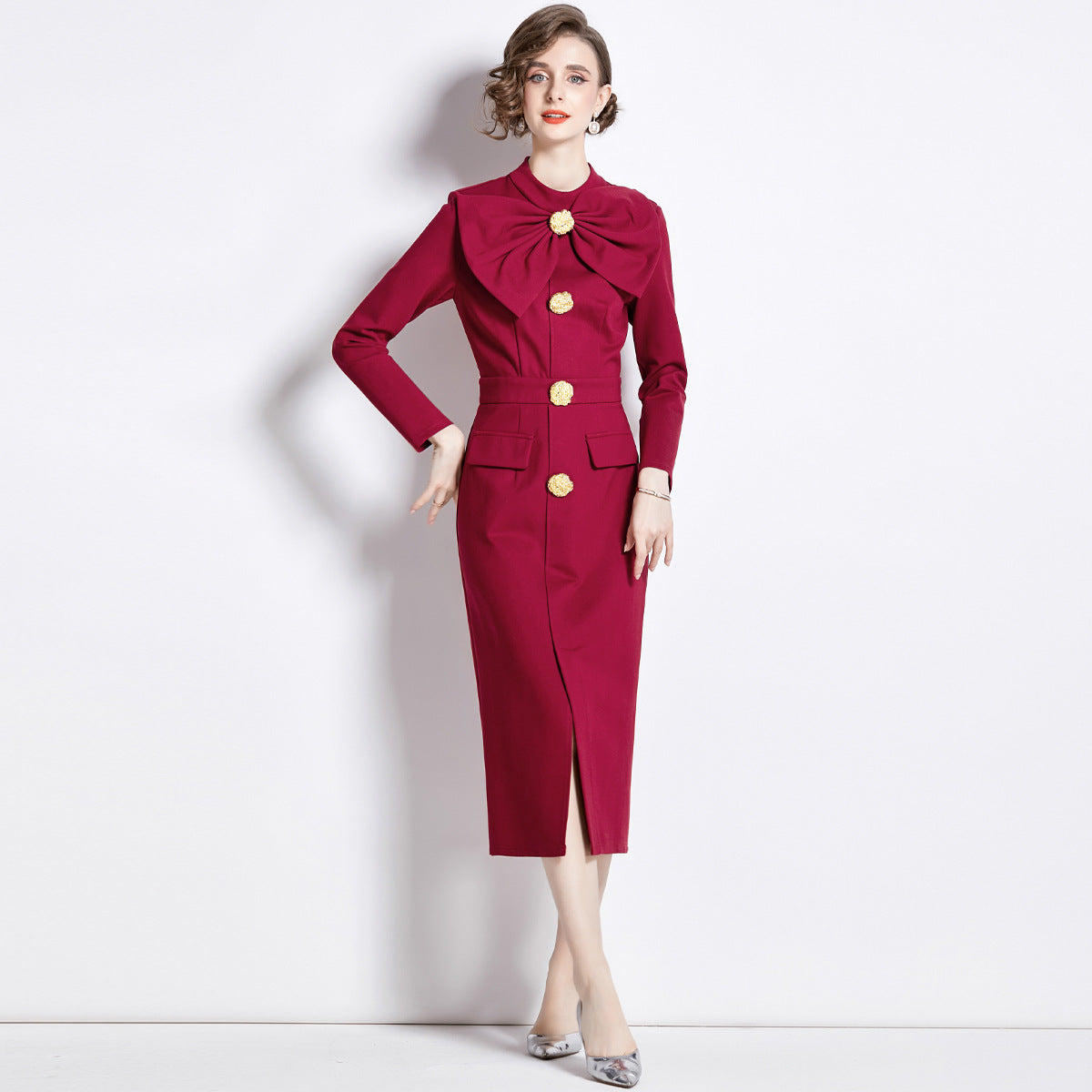Women's Black Dress Long Sleeve Bow Detail | Formal