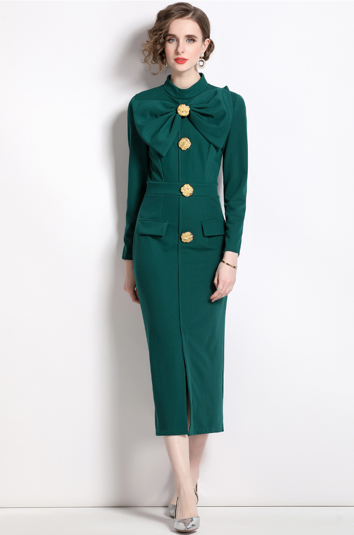 Women's Black Dress Long Sleeve Bow Detail | Formal