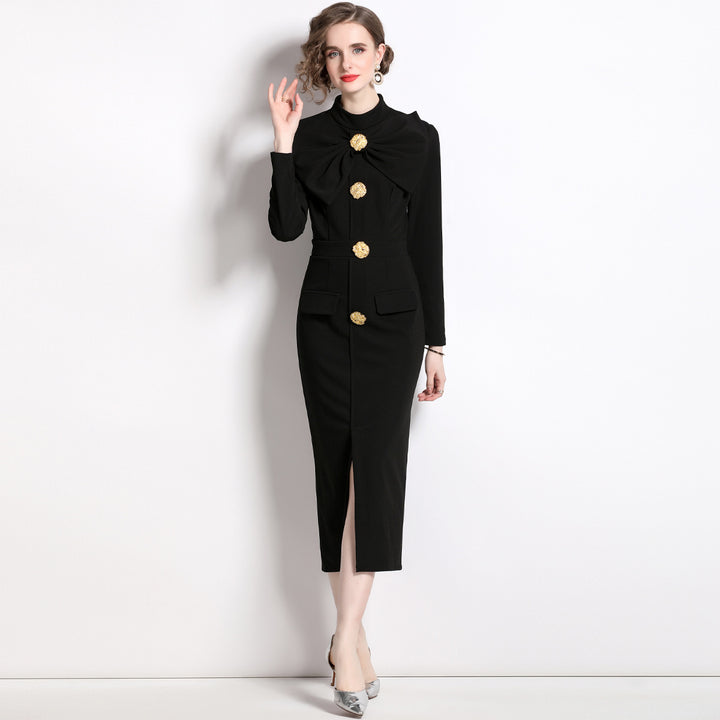 Women's Black Dress Long Sleeve Bow Detail | Formal