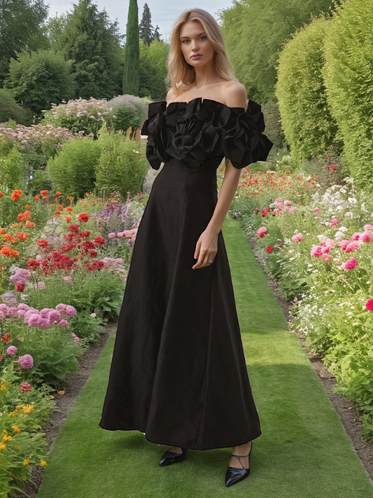 Women's Black Dress Off Shoulder Floral Detail | Maxi