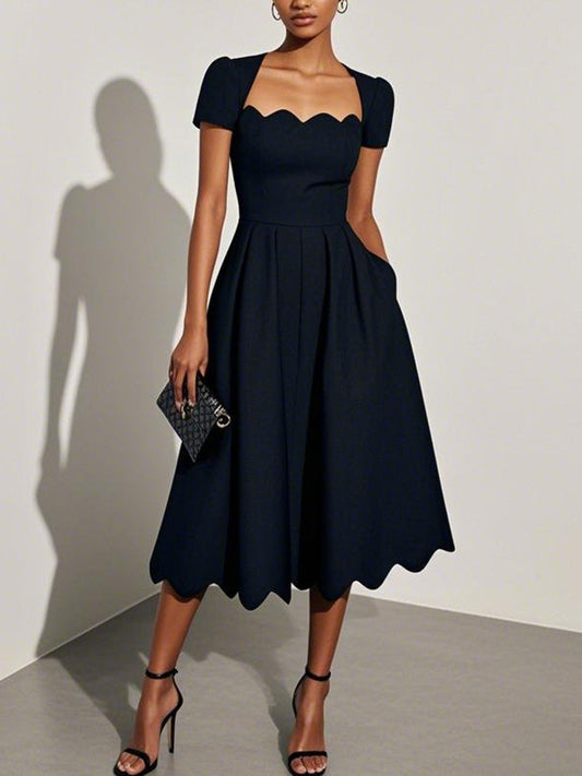 Women's Black Dress Scalloped Neckline | Midi