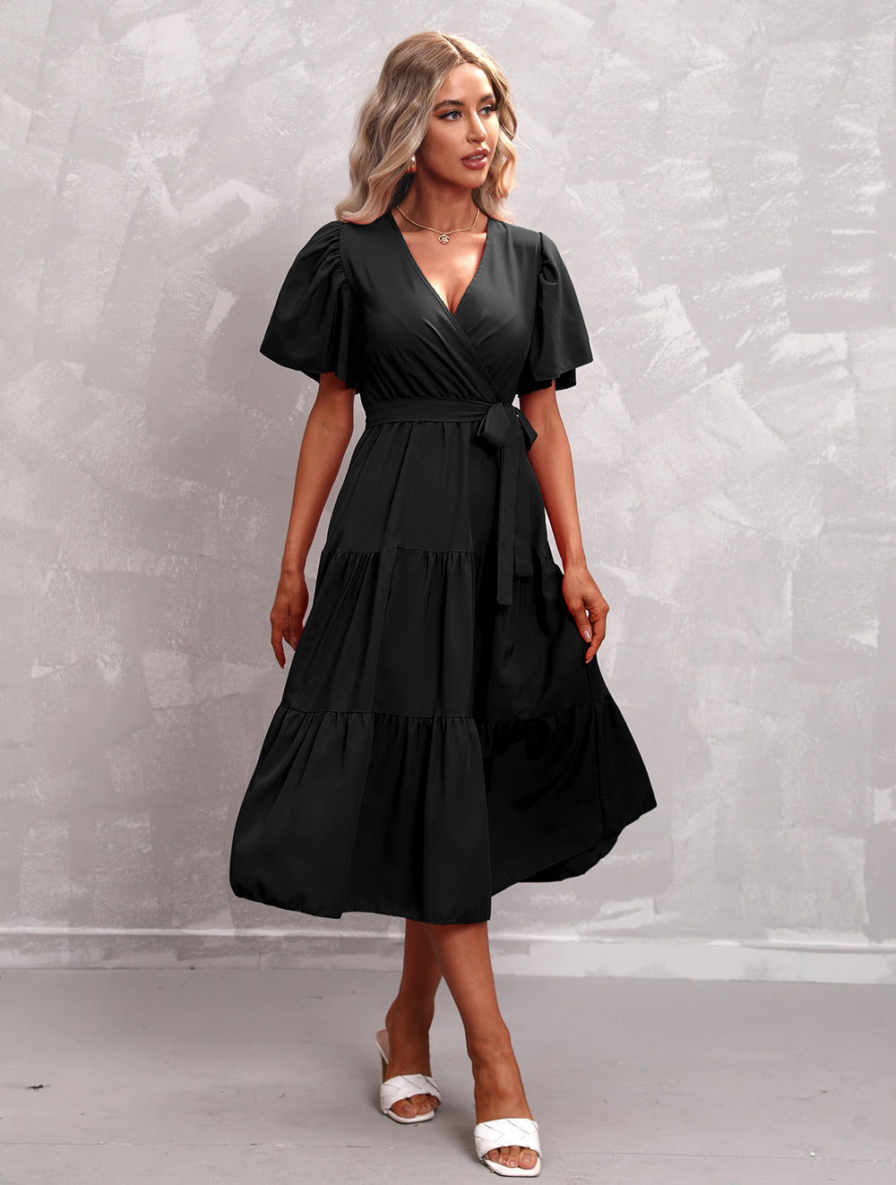 Women's Black Dress Wrap Midi V-Neck | Semi Formal