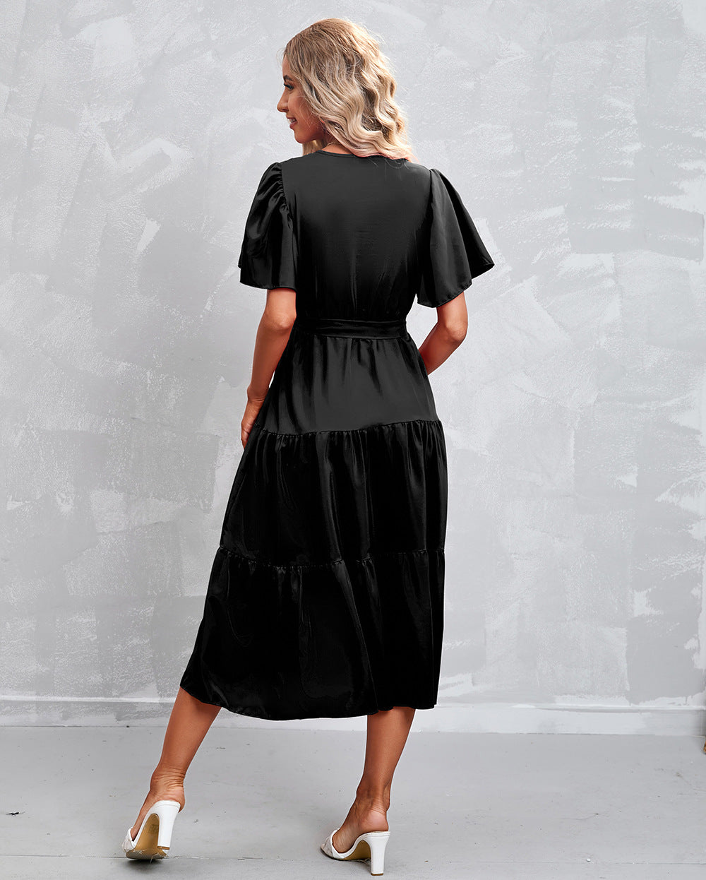 Women's Black Dress Wrap Midi V-Neck | Semi Formal