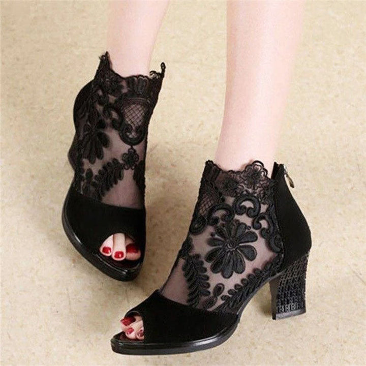 Women's Black Heels Peep Toe Ankle | Floral Mesh